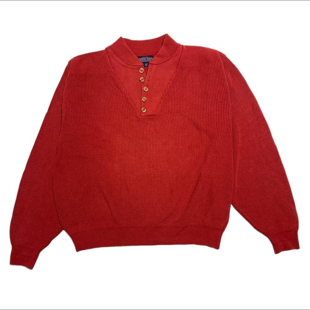 Lands End Vintage 90s USA Cotton Knit Five Button Henley Neck Sweater XL